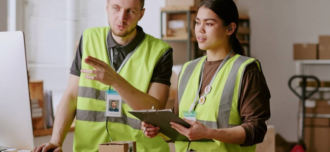 workers discussing warehouse inventory