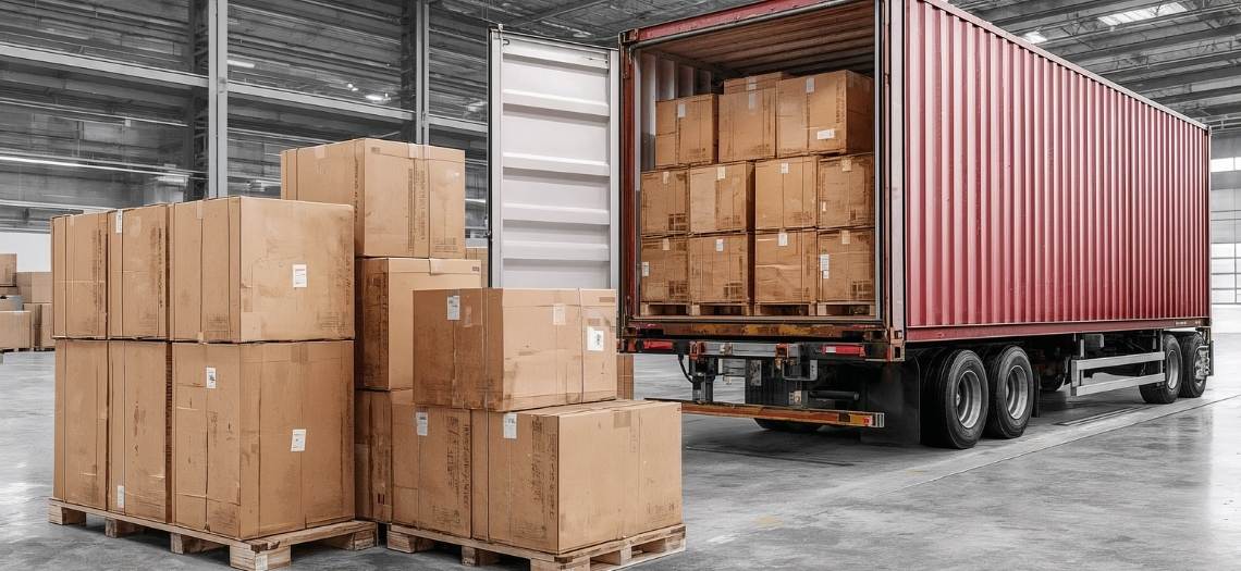 truck pulled into a loading dock with boxes