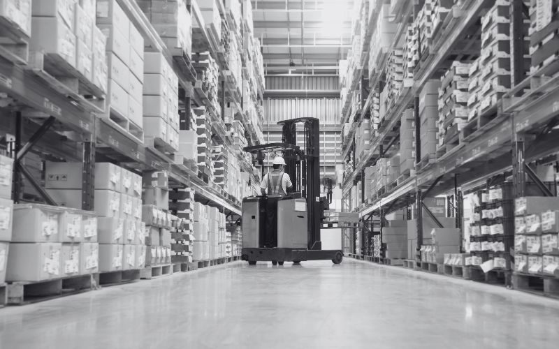 long shot of interior of warehouse
