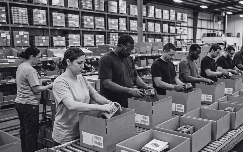 team of warehouse workings kitting for order fulfillment
